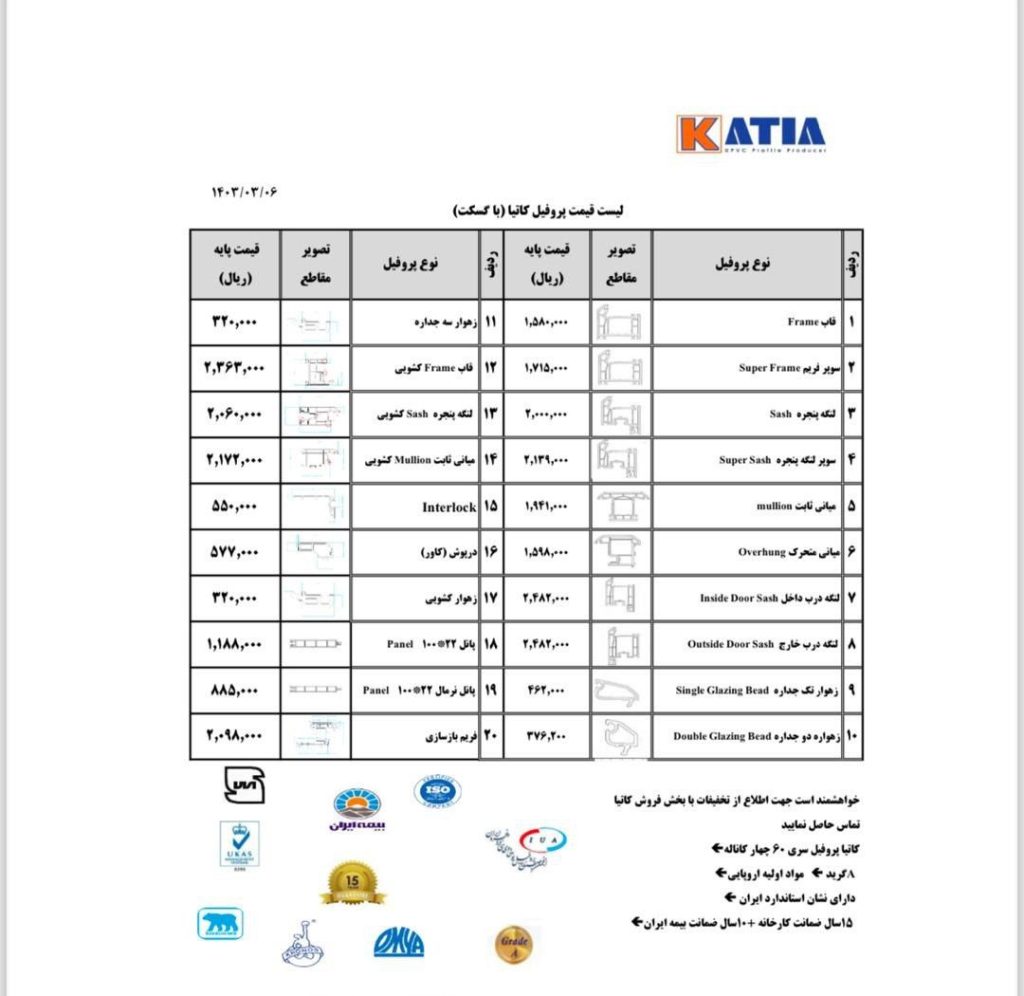 قیمت پروفیل upvc کاتیا